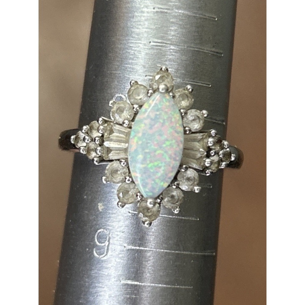 Sterling Silver 925 Opal Cabochon Halo Ring Size 8.25 Marquise Statement JH